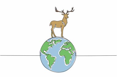 Continuous one line drawing globe with deer on top. Its existence maintains the balance of animal diversity. Hunt or be hunted. Natural. World Wildlife Day. Single line draw design vector illustration clipart