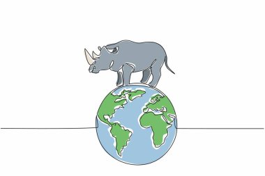 Single one line drawing globe with rhinoceros on top. Pastures must remain green, they must not be barren. Natural habitat. Conserve. World Wildlife Day. Continuous line design graphic illustration clipart