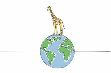 Single continuous line drawing globe with giraffe on top. Preserve forests and savannas. Stop illegal logging. Natural habitat. Biodiversity. World Wildlife Day. One line design vector illustration clipart