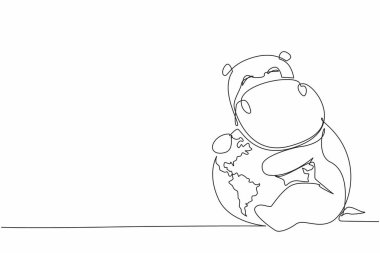 Single one line drawing cute hippopotamus hugging globe. Maintaining ecological balance. Save the earth to be comfortable home for them. World Wildlife Day. Continuous line design graphic illustration clipart