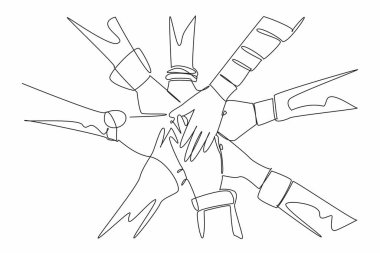 Single continuous line drawing eight hands with their sleeves stacked together and making circle. The interconnectedness. Solidarity. Shared vision. World NGO Day. One line design vector illustration clipart