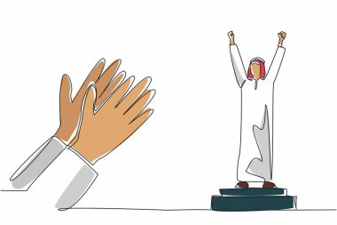 Aralıksız tek sıra çizen Arap adam podyumda duruyor. Başarı, başarı ve kültürel kutlama. Alkışlar. Zafer. Çalışan Takdir Günü. Tek çizgi çizimi tasarım vektör çizimi