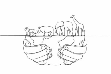 Single one line drawing giraffe, elephant, lion rhino on top of a half-held globe. Diversity of life on planet. Keeping from extinction. World Wildlife Day. Continuous line design graphic illustration clipart