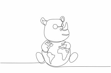 Single one line drawing cute rhinoceros hugging globe. Stop illegal logging. The beautiful nature keeps them from becoming extinct. World Wildlife Day. Continuous line design graphic illustration clipart