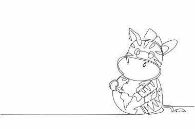 Tek sıra halinde sevimli zebra kucaklayan küreyi çekiyor. Geniş ve yeşil çayırlar onlar için en iyi yerdir. Nesillerinin tükenmesini engellemek için. Dünya Vahşi Yaşam Günü. Bir çizgi tasarımı vektör illüstrasyonu