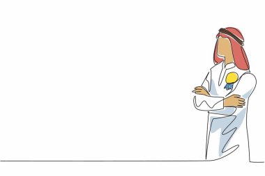 Kolları çaprazlanmış, göğsüne madalya takılmış Arap bir adam çizmeye devam ediyor. Başarının sembolü. Kazandım. Zafer. Çalışan Takdir Günü. Tek çizgi çizimi tasarım vektör çizimi