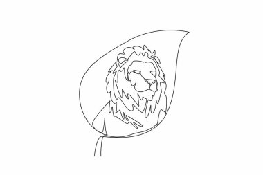 Single one line drawing lion head in the middle of the leaf. A ferocious beast with fangs. Top of the food chain. Hunting for survival. World Wildlife Day. Continuous line design graphic illustration clipart