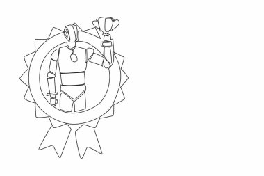 Bir çizgi, elinde kupa tutan bir robot çiziyor. Yapay zekanın üstün olduğu bir alanda başarı. Yapay teknoloji. Çalışan Takdir Günü. Devamlı çizgi tasarımı grafik çizimi