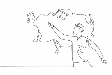 Müzikal sembollere uzanan bir adamın sürekli çizdiği çizgi. Hayal gücünün Maestro 'su. Bir fikir senfonisi yaratmak. Rüyalar. Dünya Müzik Terapisi Günü. Tek çizgi çizimi tasarım vektör çizimi