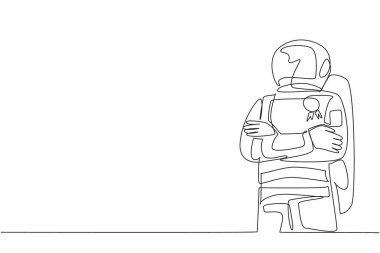 Kolları çaprazlanmış, göğsüne bir madalya takılmış bir astronot çizmeye devam ediyor. Keşif ruhu. Başarı. Çalışan Takdir Günü. Tek çizgi çizimi tasarım vektör çizimi