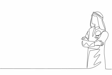 Kolları çaprazlanmış, göğsüne madalya takılmış Arap bir adam çizmeye devam ediyor. Başarının sembolü. Kazandım. Zafer. Çalışan Takdir Günü. Tek çizgi çizimi tasarım vektör çizimi