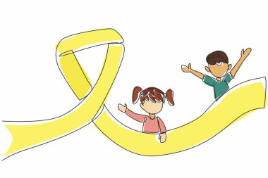 Tek sıra halinde iki çocuğun kurdele şeklindeki bir kampanya kaydırağından kayarak aşağı kayması. Mutluluk ve özgürlük hissi. İyimser. Uluslararası Çocuk Kanser Günü. Bir çizgi tasarımı vektör illüstrasyonu
