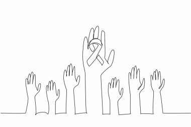 Tek sıra halinde yedi eli farklı boyutlarda kaldırıyor. Bir tanesinin kurdele kampanyası var. Farkındalığı artırmak için ortak kararlılık. Nadir Hastalıklar Günü. Bir çizgi tasarımı vektör illüstrasyonu