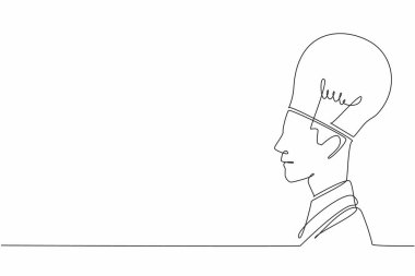 Continuous one line drawing a head has half of its part replaced with a bulb lamp. A mind bursting with ideas. Illumination. Innovation. World Thinking Day. Single line draw design vector illustration clipart