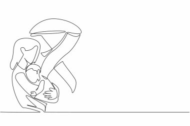 Tek sıra halinde, kucağında bebek tutan bir anne çiziyor. Korunma ve beslenme duygusu. Koruyucu anne. Koruyucu. Şefkatli. Uluslararası Çocuk Kanser Günü. Bir çizgi tasarımı vektör illüstrasyonu