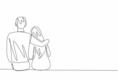 Sürekli bir çizgi çizen adam oturan kadın ortağını kucaklıyor. Sakinleştirici. Endişeyi ortadan kaldırır. Sevilen kadını destekleyin. Ulusal Eş Günü. Tek çizgi çizimi tasarım vektör çizimi