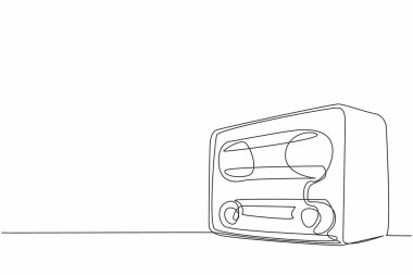 Tek bir satır klasik ya da retro radyo çizer masada oturur. Radyonun zamansız cazibesi. İnsanları birbirine bağlamak ve kültürü şekillendirmek. Tam bir klasik. Dünya Radyo Günü. Devamlı çizgi tasarımı grafik çizimi