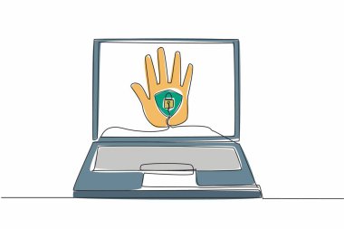 Continuous one line drawing shielded and locked palm in middle of the laptop screen. Two security verifications. Fingerprint. Password. Data Privacy Day. Single line draw design vector illustration clipart