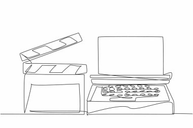 Single one line drawing clapper and typewriter side by side. Creates scripts. Helps synchronize images and sound. Equipment. National Screenwriters Day. Continuous line design graphic illustration clipart