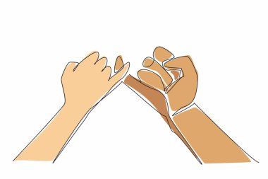 Sürekli bir çizgi halinde iki elini serçe parmaklarını bir arada tutuyor. Kutsal yeminler ediyorum. Birbirimizi tamamlayacağımıza söz veriyoruz. Mükemmel aşk. Ulusal Eş Günü. Tek çizgi çizimi tasarım vektör çizimi