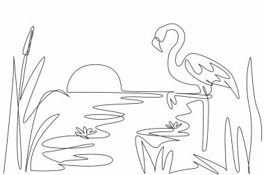Flamingo kuşunu gün batımı manzaralı tek sıra halinde göle çekiyor. Akşama doğru harika bir manzara. Çevresel. Ekosistem. Dünya Bataklık Günü. Bir çizgi tasarımı vektör illüstrasyonu