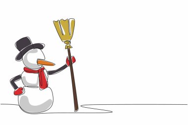 Continuous one line drawing snowman holding a broom. Games during the winter season. Happy. Full of joy. Snowy weather is always fun. Cold. World Snow Day. Single line draw design vector illustration clipart