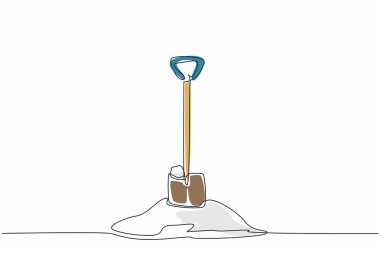 Kar yığınına saplanmış kürekleri çizmeye devam eden bir çizgi. Aletler. Yoğun kardan yol temizleme ekipmanı. Kış hazırlığı. - Soğuk. Dünya Karlı Günü. Tek çizgi çizimi tasarım vektör çizimi