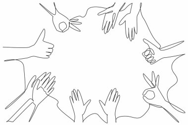 Single one line drawing several hands with several kinds of gestures. Get recognition and praise. Surrounded by positive aura. National Screenwriters Day. Continuous line design graphic illustration clipart