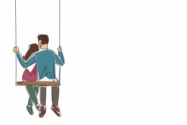 Sürekli bir çizgi halinde salıncakta birbirine sarılan evli bir çift. Birbirlerini ısıtıyorlar. Gelecek planlarından bahsediyorum. Ulusal Sarılma Günü. Tek çizgi çizimi tasarım vektör çizimi