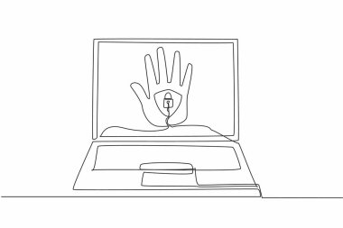 Dizüstü bilgisayar ekranının ortasında sürekli bir çizgi kalkanlı ve kilitli avuç içi. İki güvenlik doğrulaması. Parmak izi. Şifre. Veri Gizlilik Günü. Tek çizgi çizimi tasarım vektör çizimi