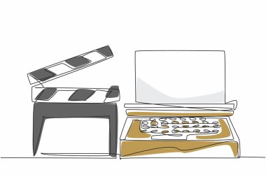 Single one line drawing clapper and typewriter side by side. Creates scripts. Helps synchronize images and sound. Equipment. National Screenwriters Day. Continuous line design graphic illustration clipart