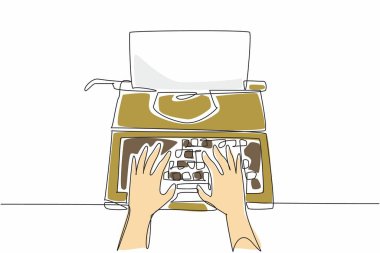 Single continuous line drawing hands typing on a typewriter. Making a movie script. Making a scenario. Making an interesting storyline. National Screenwriters Day. One line design vector illustration clipart