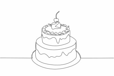 Sürekli bir satır halinde iki kat çikolatalı pasta ve kiraz sosu. Kutlama pastası. Her lokmada çok lezzetli. Zevk. Ulusal Çikolatalı Pasta Günü. Tek çizgi çizimi tasarım vektör çizimi