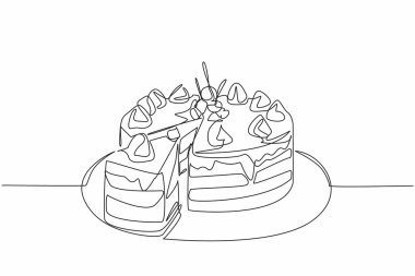 Tek sıra halinde kremalı, vişneli ve pastalı çikolatalı pasta. Servis için kes. Tatlı. Lezzetli. Ulusal Çikolatalı Pasta Günü. Bir çizgi tasarımı vektör illüstrasyonu