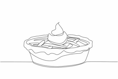 Tek sıra halinde kremalı turta çiziyor. Krem şantiden tatlı ve lezzetli. Ağzında çiğnendiğinde lezzet katıyor. Lezzetli. Ulusal Turta Günü. Bir çizgi tasarımı vektör illüstrasyonu