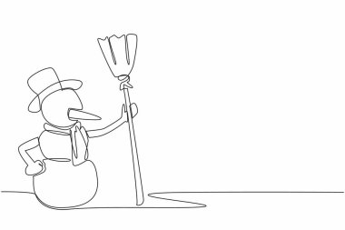 Süpürge tutan kardan adamı çizmeye devam et. Kış mevsiminde oyunlar. Mutluyum. Neşe dolu. Karlı hava her zaman eğlencelidir. - Soğuk. Dünya Karlı Günü. Tek çizgi çizimi tasarım vektör çizimi