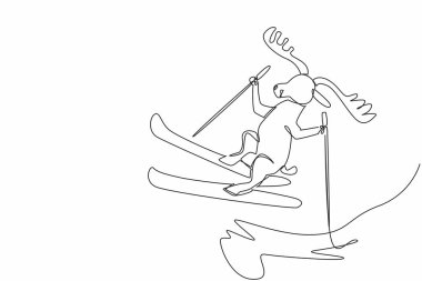 Single continuous line drawing moose skiing on snow mountain. Recreation. Holiday. Vacation. Best way to spend time in winter. Not staying at home. World Snow Day. One line design vector illustration clipart