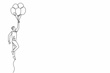 Tek sıra halinde erkek işçi elinde bir sürü balonla ayakta duruyor. Kutlama. Zekice. Kârlı projeler var. Ulusal İş Eğlencesi Günü. Devamlı çizgi tasarımı grafik çizimi