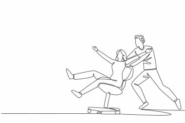 Tek sıra halinde çalışan erkek işçiler ofis sandalyesinde oturan kadın işçileri itiyor. İşi unutuyorum. Takım arkadaşlarıyla şakalaşıyor. Ulusal İş Eğlencesi Günü. Devamlı çizgi tasarımı grafik çizimi