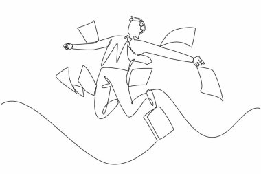 Dağınık kağıtlarla birlikte tek sıra halinde erkek işçi sıçrayışları. İnanılmaz bir şans. Ayın en iyi pazarlamacısı. Özgür hissediyorum. Ulusal İş Eğlencesi Günü. Bir çizgi tasarımı vektör illüstrasyonu