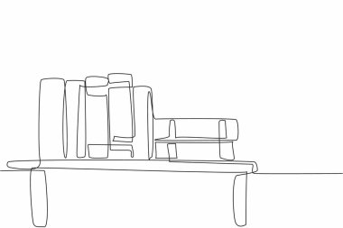 Sıraya dizilmiş tek satırlık bir çizim ve kalın bir ders kitabını kitaplığın üzerine istifle. Kitap, dünya konseptine açılan bir penceredir. Ulusal Thesaurus Günü 'n kutlu olsun. Aralıksız çizgi çizimi vektör illüstrasyon çizimi