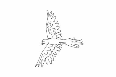 Ulusal Kuş Günü. Güzel papağan kuşunun gökyüzünde uçup geniş kanatlarını açtığı tek bir çizgi. Kuş koruma ve üreme için maskot logosu. Poster, afiş, el ilanı şablonu