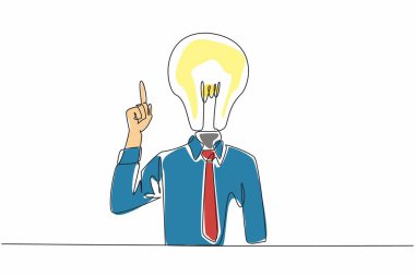 Ampul başlıklı iş adamının açık alanı işaret ettiği tek sıra çizimi. Dünya Mantık Günü. Eleştirel yaratıcı düşünce. Poster şablonu, büyük fikir konsepti hakkında pankart