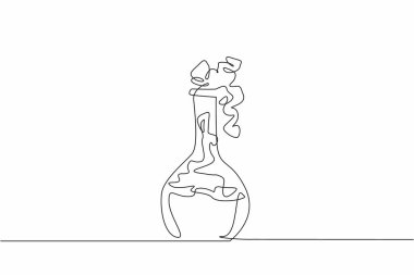 Erlenmeyer şişesinin tek çizgi çizimi. İçinde ilaç formülü sıvısı var. Ulusal Eczacı Günü. Salgın hastalıkları tedavi edecek yeni bir aşı üretmek için laboratuvar deneyi. Yeni aşı icadı.