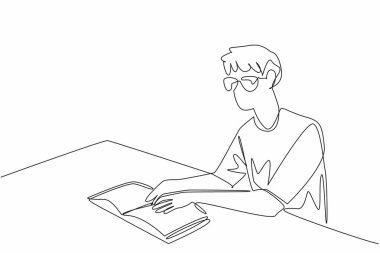 One line drawing of man sitting in study desk, learning braille language to communicate with people in global. World Braille Day. Touching book  clipart