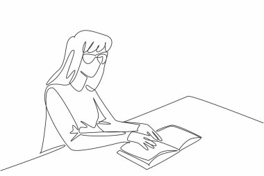 World Braille Day. Continuous line drawing of beauty woman try to read braille language from book. Sit in public library to learn reading ability.  clipart