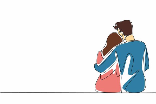 Single continuous line drawing husband hugs his wife who is sitting. Providing comfort to beloved women. Hugging to soothe. Giving warmth. Love. National Hug Day. One line design vector illustration
