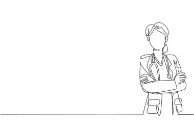 Tek sıra halinde, kadın bir doktoru kollarını kavuşturarak güvenle ayakta duruyor. Tıp alanında kadınların hayati rolü vardır. Ulusal Kadın Hekimler Günü. Bir çizgi tasarımı vektör illüstrasyonu