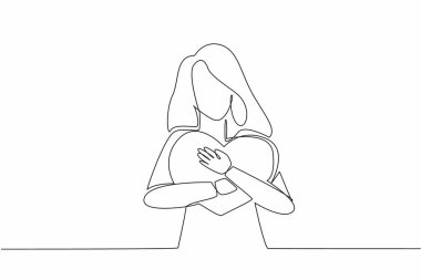 Tek sıra halinde çizen kadın göğsüne kocaman bir kalp dayıyor. Kolları, kendini sevmeyi simgeleyen koruyucu bir şekilde onu sarıyor. Ulusal Kırmızı Giyme Günü. Bir çizgi tasarımı vektör illüstrasyonu