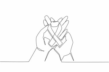 Her iki avucunun üzerinde de kanser kampanyası sembolü çizen tek bir şerit var. İmzala. Sembol daha fazla ilgi gerektirir. Kanserden uzak dur. Farkındayım. Dünya Kanser Günü. Devamlı çizgi tasarımı grafik çizimi